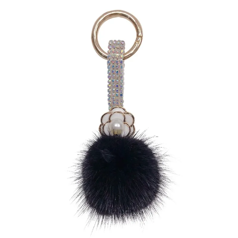 Autumn Winter Rhinestone Camellia Keychain With Fluffy Mink Ball Elegant Bag Charm Fashion Car Key Ring Warm Gift_voghion.com