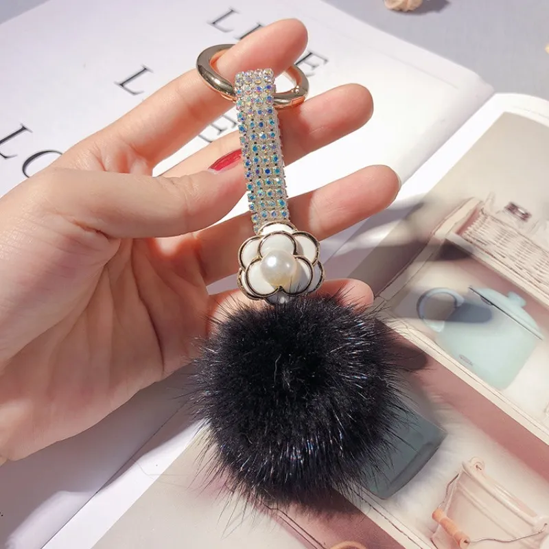 Rhinestone Camellia Keychain With Fluffy Mink Ball Bag Charm_voghion.com