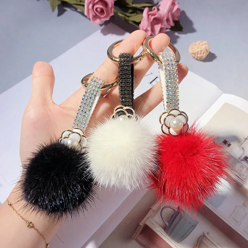 Rhinestone Camellia Keychain With Fluffy Mink Ball Bag Charm_voghion.com