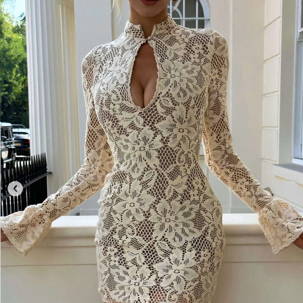 long sleeve dress lace hollow Lace Hollow Lantern Sleeve Long Sleeve High Waist Banquet Evening Gown MID Length Dress