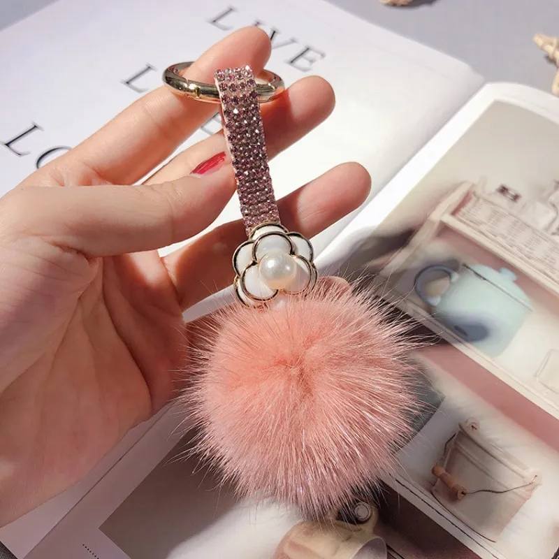 Rhinestone Camellia Keychain With Fluffy Mink Ball Bag Charm_voghion.com