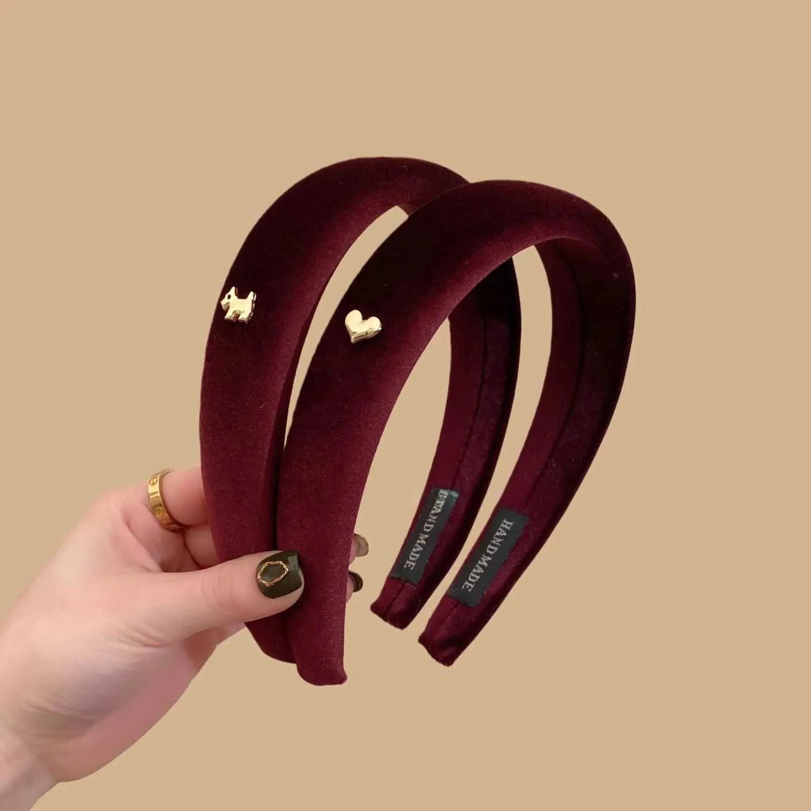 Gold Embellished Burgundy Velvet Padded Headband with Heart 