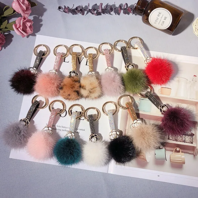 Rhinestone Camellia Keychain With Fluffy Mink Ball Bag Charm_voghion.com