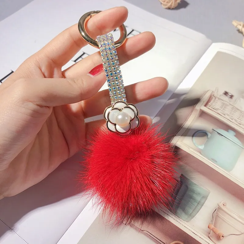 Rhinestone Camellia Keychain With Fluffy Mink Ball Bag Charm_voghion.com