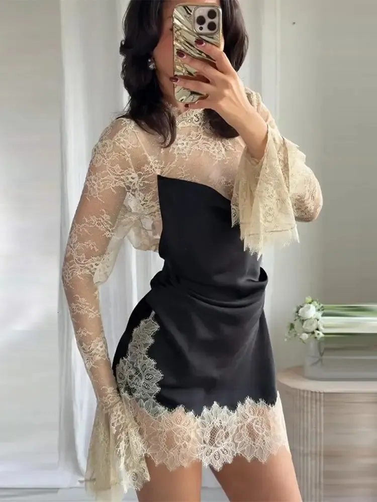 Elegant Floral Patchwork Chiffon Dress, Floor-Length Long Sleeve Lace Mini Dress with Irregular Hem, Womens Chic Evening Party Vestidos