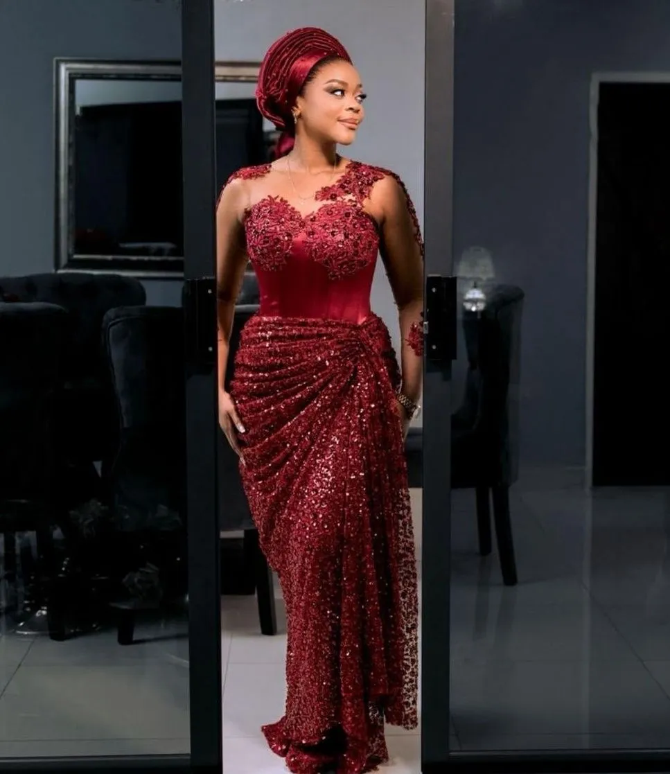 burgundy engagement dress Burgundy Sequin Lace-Up Back Long Prom Dress with Slit Burgundy / 2