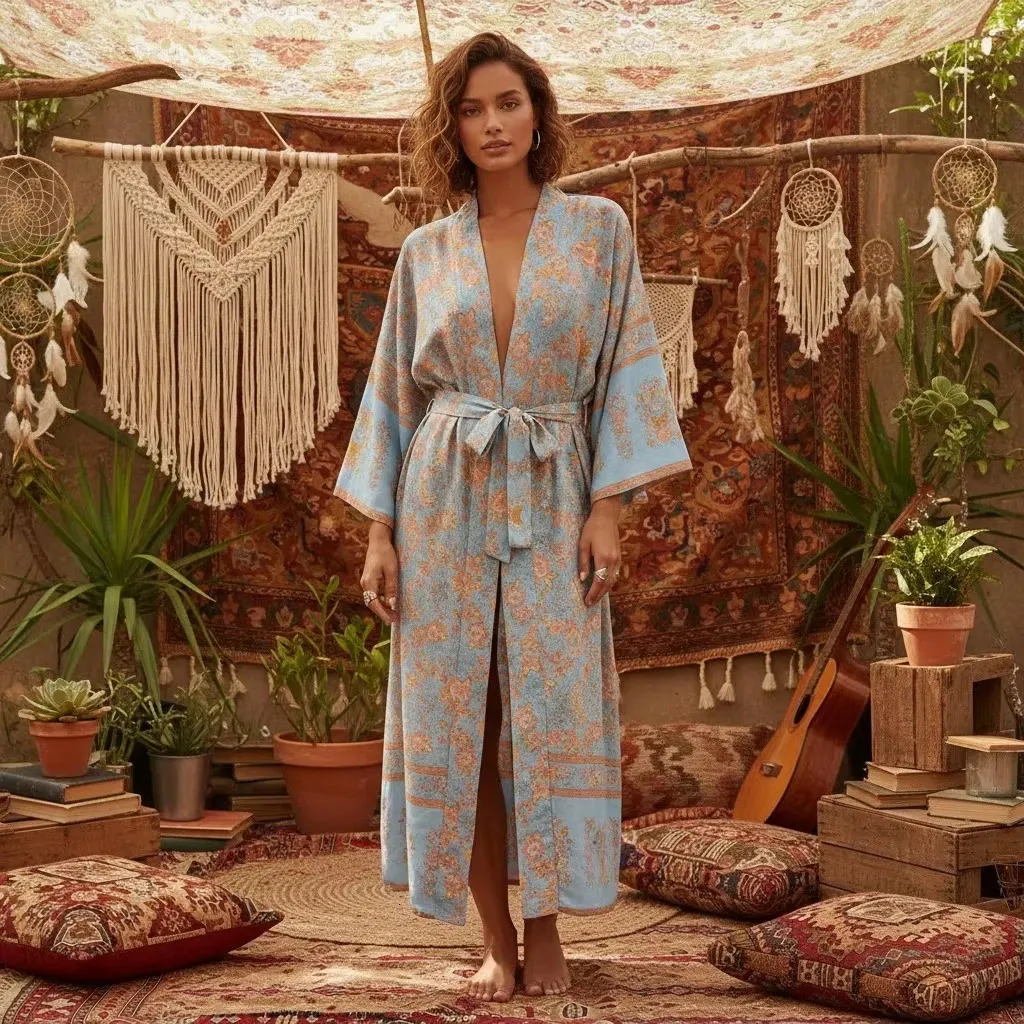 bohemian kimono dress Rainbow Boho Psychedelic Kimono Robe One Size