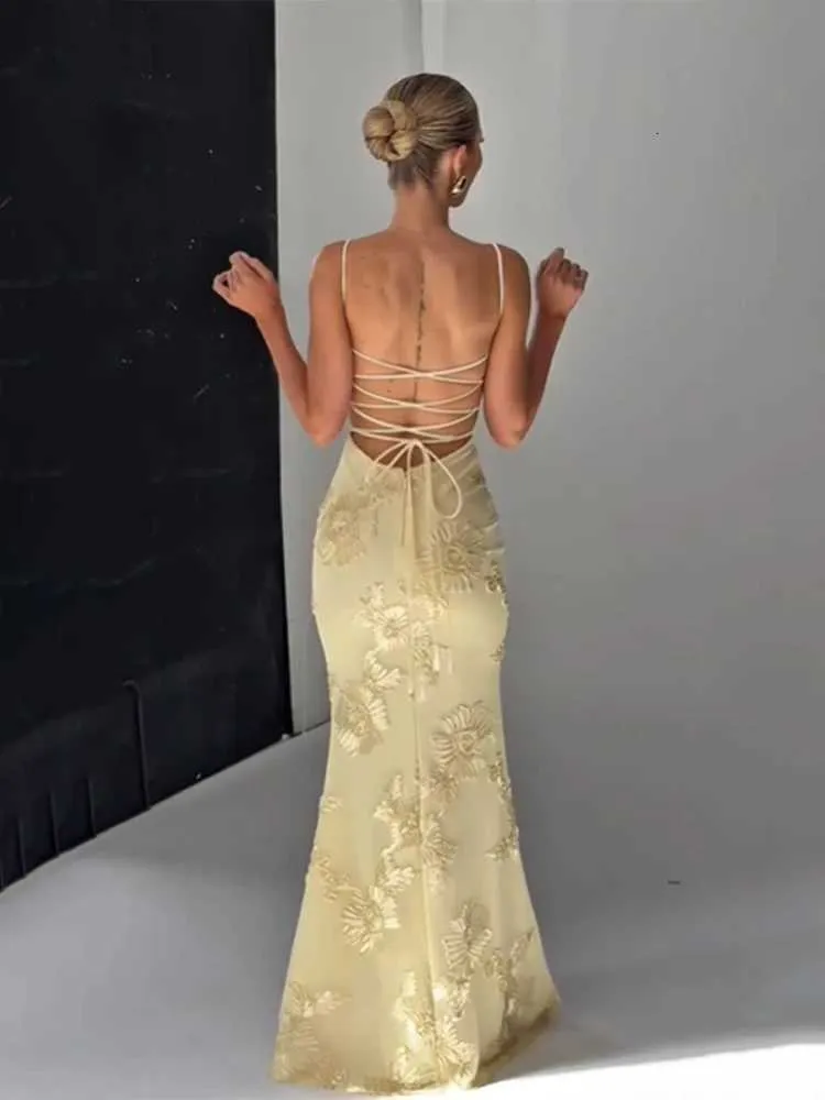 Pale Yellow Chiffon Floor-Length Backless Bandage Dress