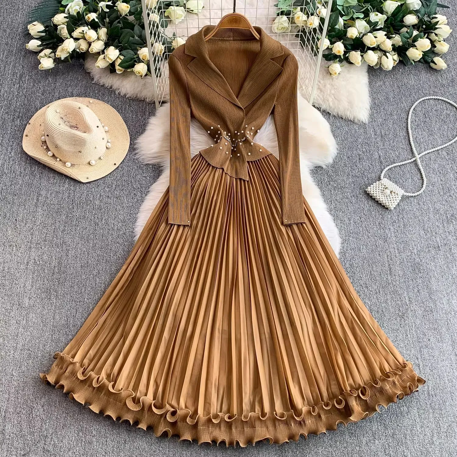 ladies pleated dress ruffles Womens Lapel Collar Long High Waist Floor-Length Polyester from Dhgate Urban Sexy Dresses Color_Dark Rinse