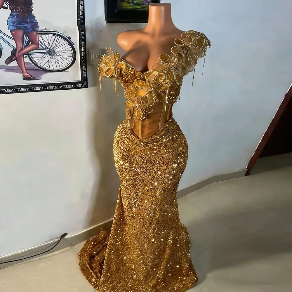 sleeveless fit & flare dress Off Shoulder Sequin Glitter Corset Prom Gown
