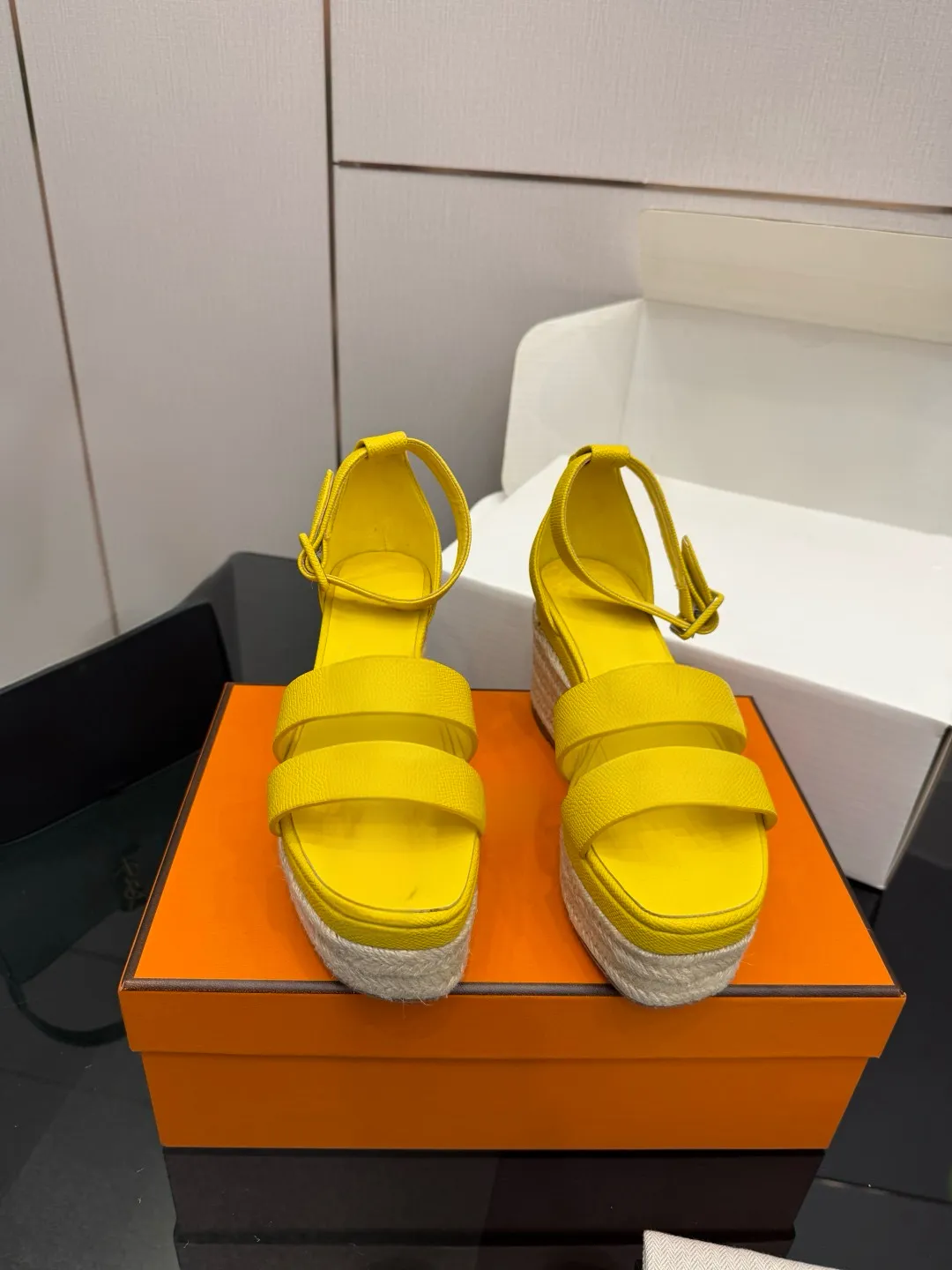 White platform wedge sandals with 2.75 in heel and 1.57 in platform ...