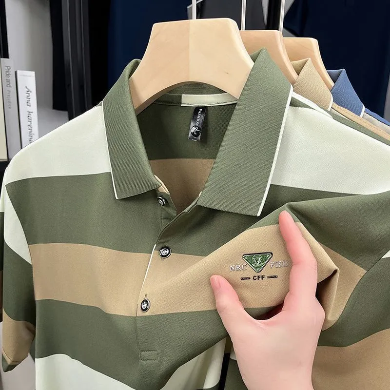 Designer Polo Shirt Men Short Sleeve Acrylic Striped Casual Loose Fit ...