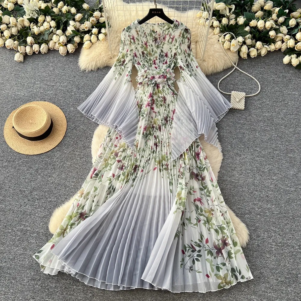 floral print flared sleeve pleated chiffon dress Pink Floral Print Flared Sleeve Pleated Chiffon Dress Jovani 23324 Floral  Print Low V Neck Maxi