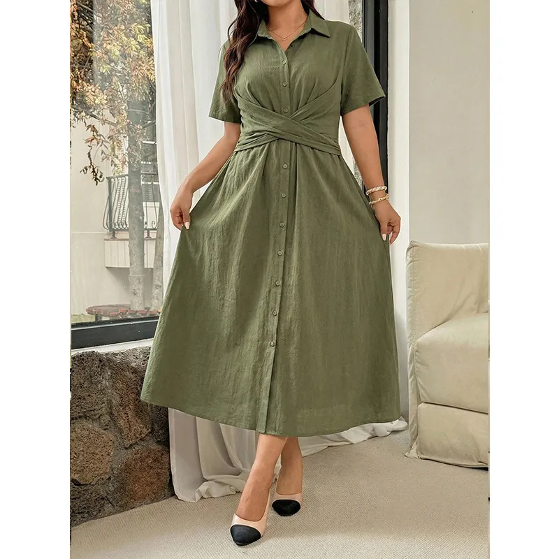 plus size olive green shirt dress Women's Dress Plus Size Clearance, Women's Summer Button Up Shirt Skirt With A Collar Made Of And Linen Mini Dress Shirt Dress(Olive Green,XL)