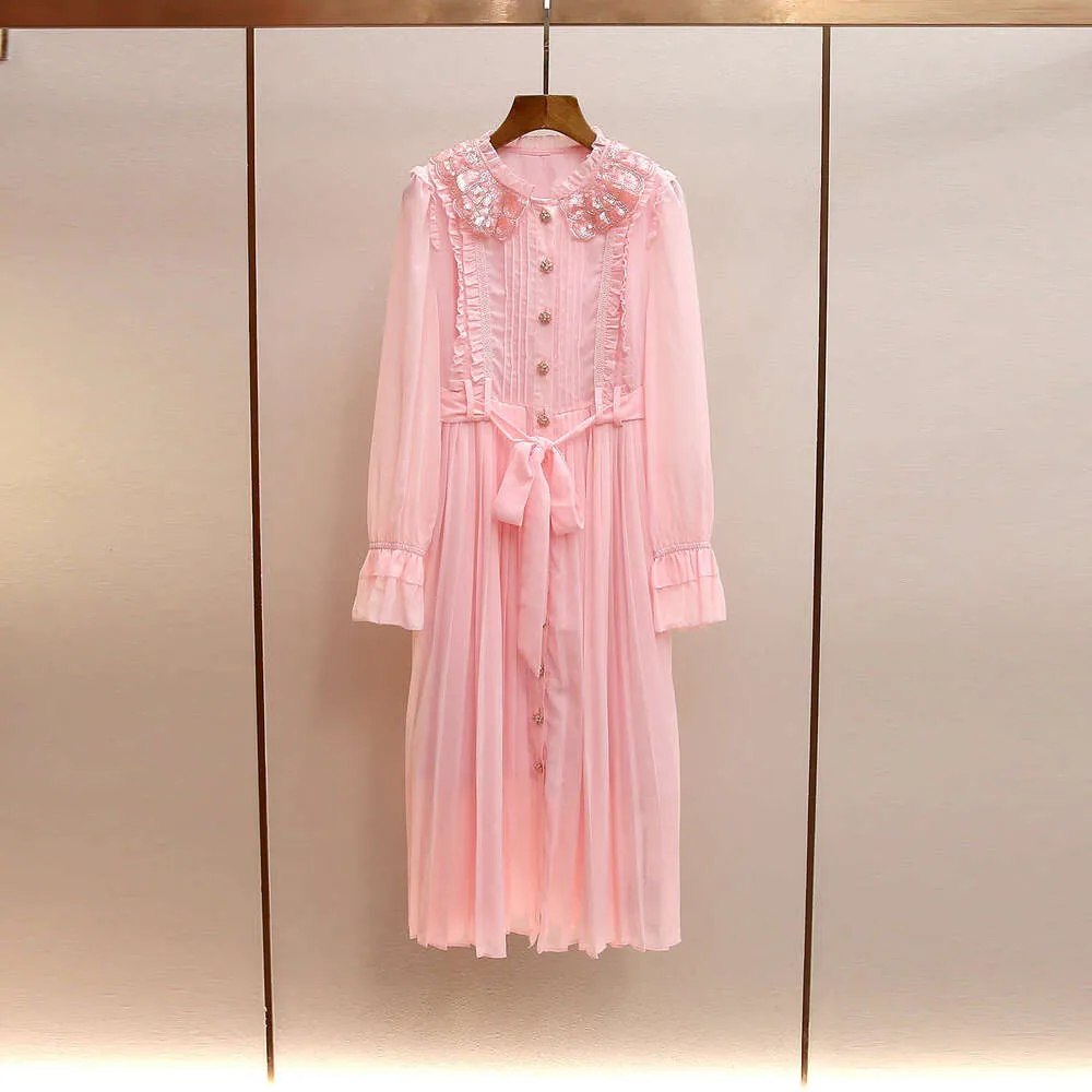 pink long sleeve dress white collar Pink long sleeve floor-length polyester dress with doll collar and pleated  waist for autumn and winter
