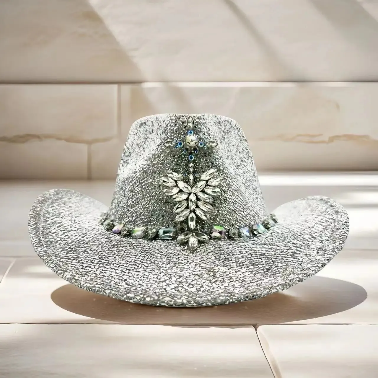 Western Silver Disco Cowboy Hat with Rhinestones for Cowgirl  display picture 2