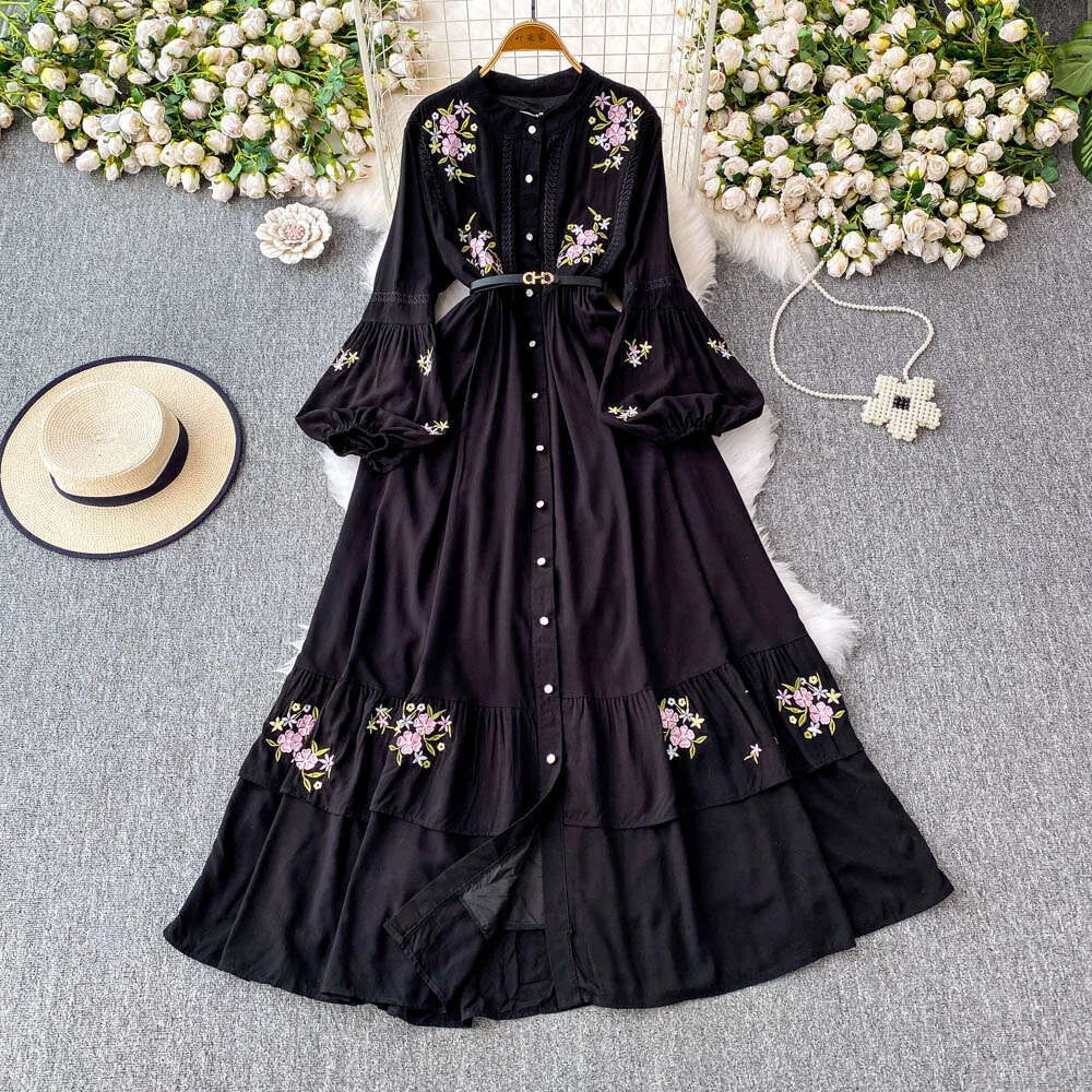 ethnic knee length dresses Designer style knee-length spandex dress with embroidered round neck and long lantern sleeves from Dhgate Street Style Shipping350
