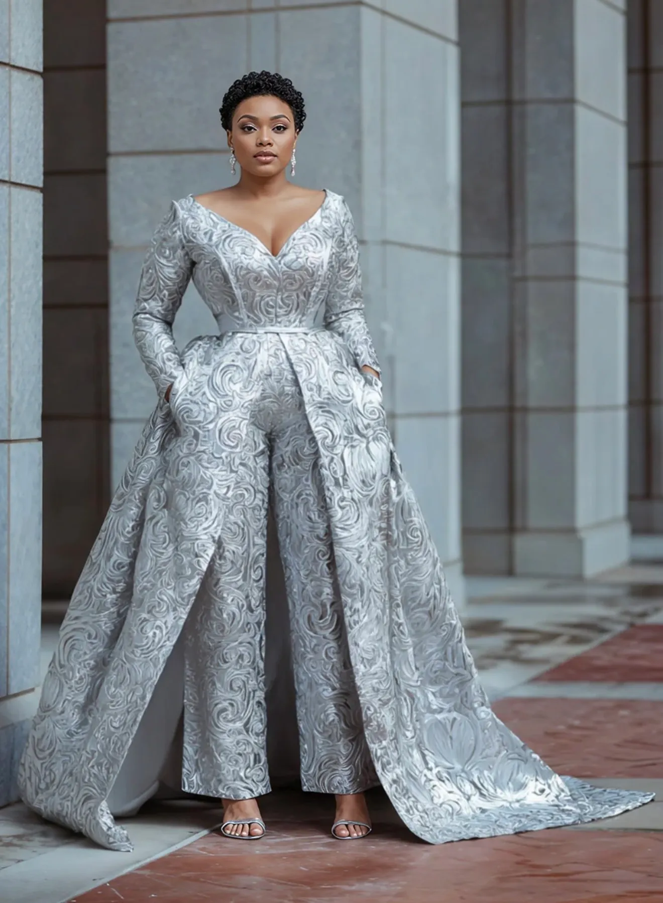Silver Sheath Jumpsuit Dress with V-Neck, Detachable Train Evening Gown for Formal Party, Engagement, Second Birthday, and Special Occasions