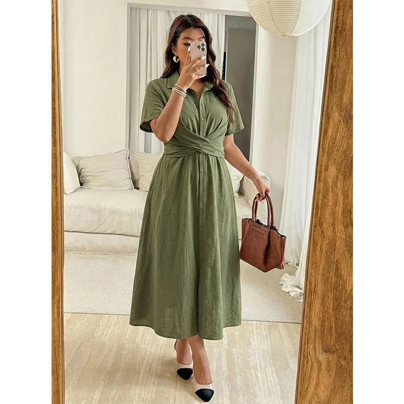 plus size olive green shirt dress plus size olive green casual shirt dress - single-breasted, half sleeve with stand collar & button details, polyester, , casual attire | stand collar dress | glossy texture | Shop Trends