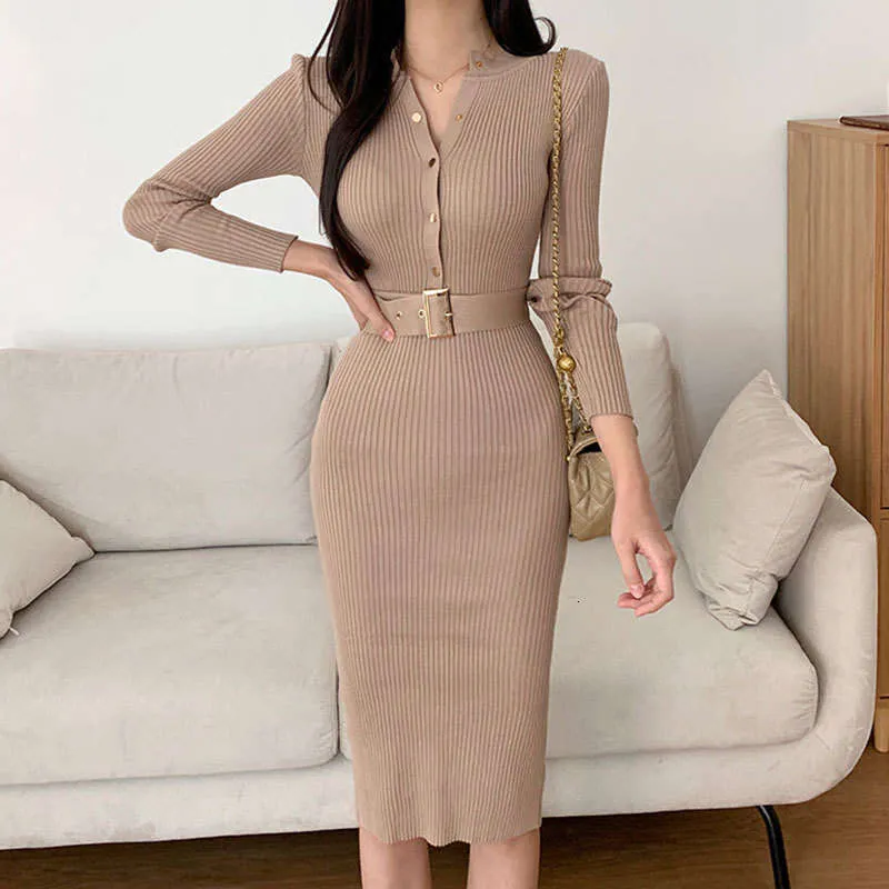 korean fashion slim fit dress Knee-Length viscose Korean style slim fit long sleeve women's dress with  round c10 neckline and split waist belt from Dhgate Urban Sexy Dresses