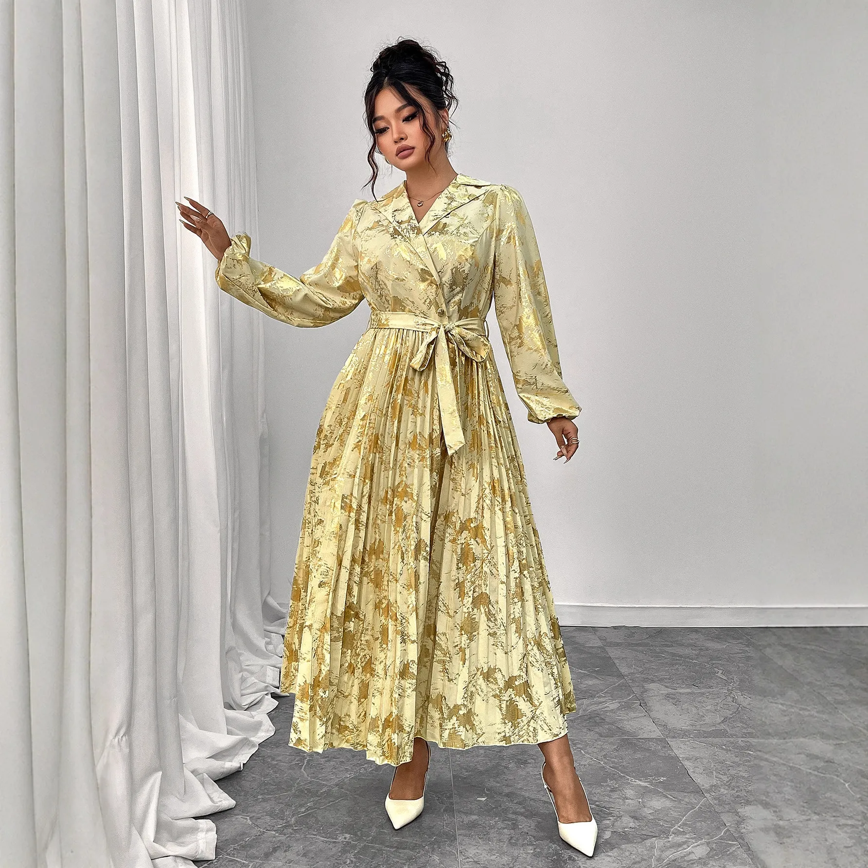 Floral Lace-Up Long-Sleeved V-Neck Dress for Women, Polyester, Autumn Daily Outfit from Dhgate Plus size Dresses