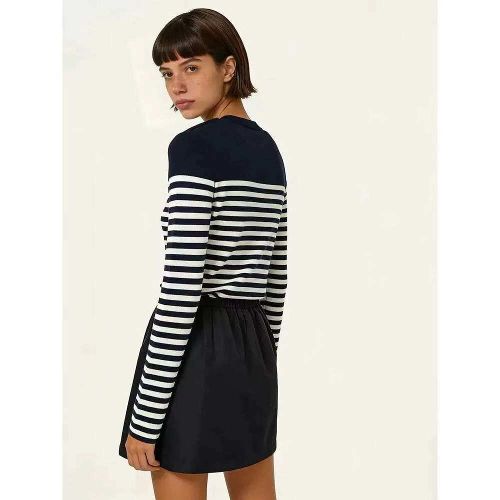 Women Slim Fit Striped Wool Blend Knit Top with Covered Button