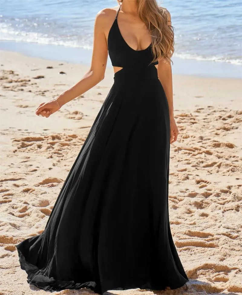 Casual Women's Solid Color Backless Halter Dress Bohemian Style Sleeveless Tie-back Floor-Length from Dhgate Basic & Casual Dresses