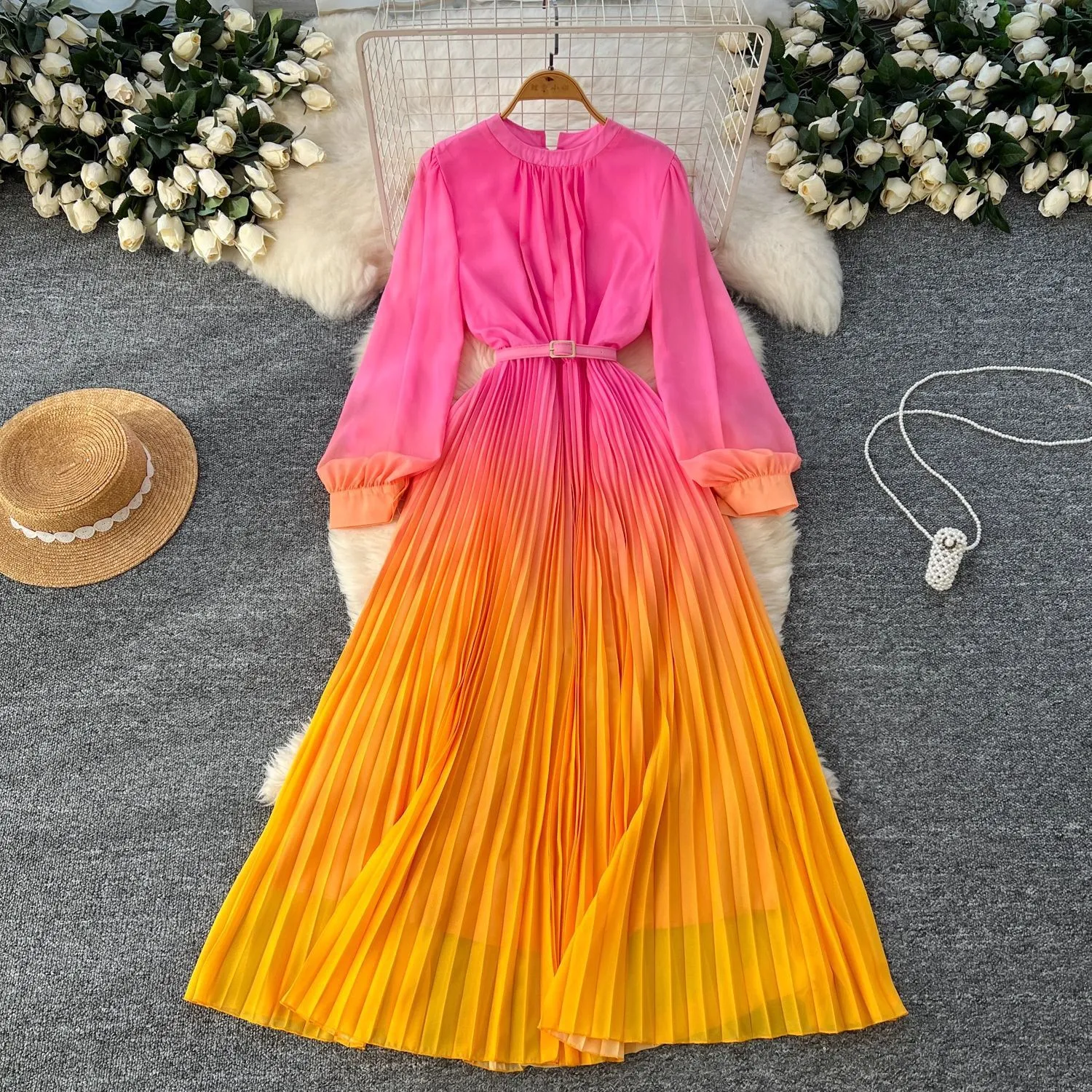 gradient chiffon dress Women's Gradient Chiffon Spaghetti Strap Maxi Dress with pockets large