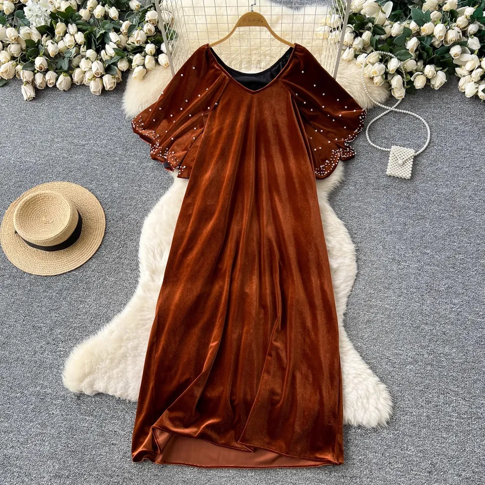 loose fitting velvet dress Roncen Women's Solid Velvet Dress - Loose Fit Casual V-Neck Long Sleeve, Versatile Everyday Wear for Fall Winter Season