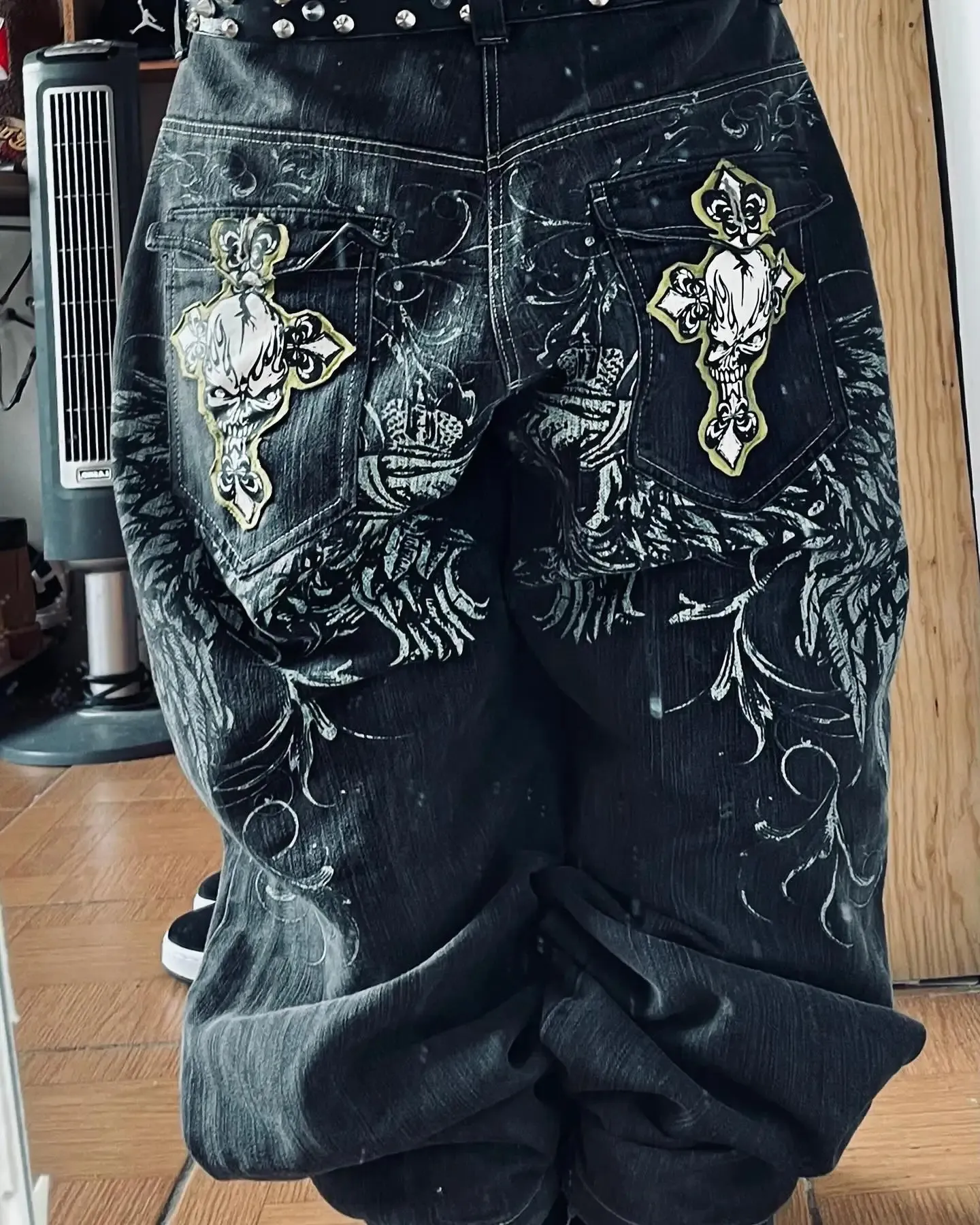 Gothic Retro Y2K Cross Embroidery Patchwork Baggy... From Hui01 