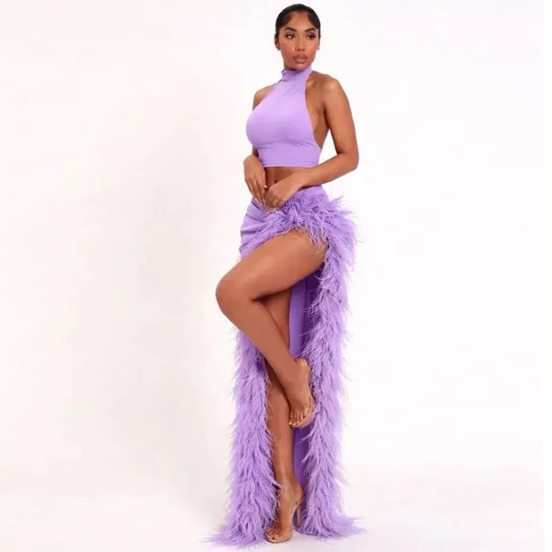 Customizable Grogeous short blue prom dresses 2026 with Feathers, Sexy Slit, Halter Neckline, and African Style for Evening Parties and Birthdays