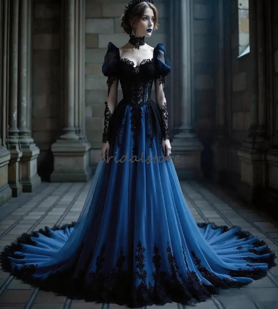 Dark Romantic Black And Blue Gothic Wedding Dress... From 126,72 €