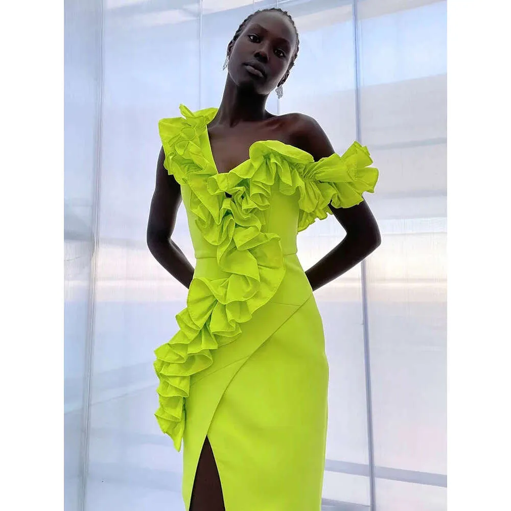 Women Sexy One Shoulder Ruffles Neon Green Split Long... From 45,77  |  DHgate