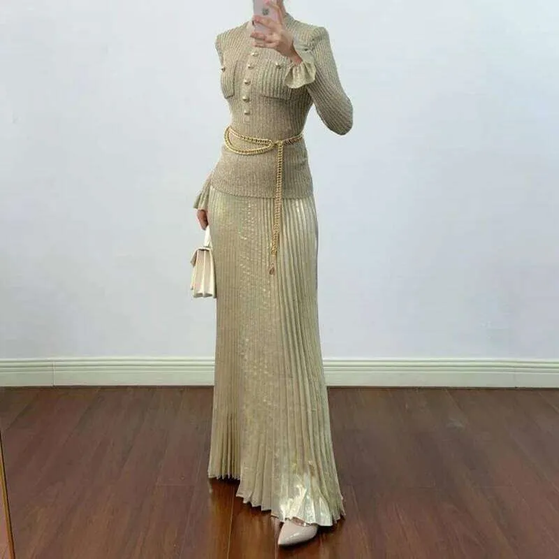 Long Gold Fitted Dress with Flare Half Sleeves and Round Cowl Neck for ...