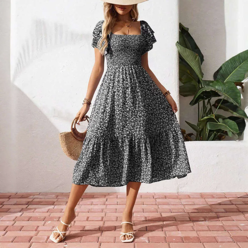 square neck dress puff sleeve knee length floral print knee-length with empire waistline for spring Men's Biker Shirts