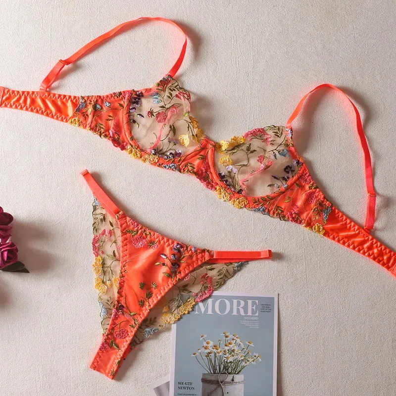 Women Bra and Briefs Set Lace Flower Embroidery Underwire Acrylic Two ...