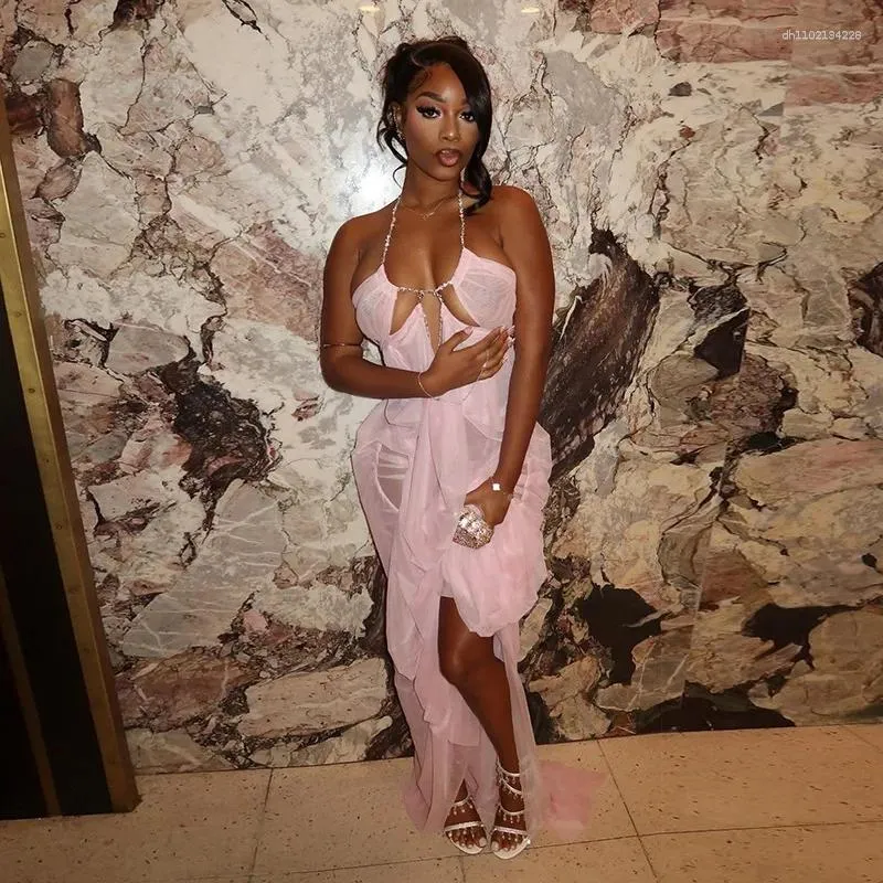sheer chain dress Gold Mermaid Prom Dress Strapless Sweetheart 3D Floral Chain Fringe High Slit Luxury Gown