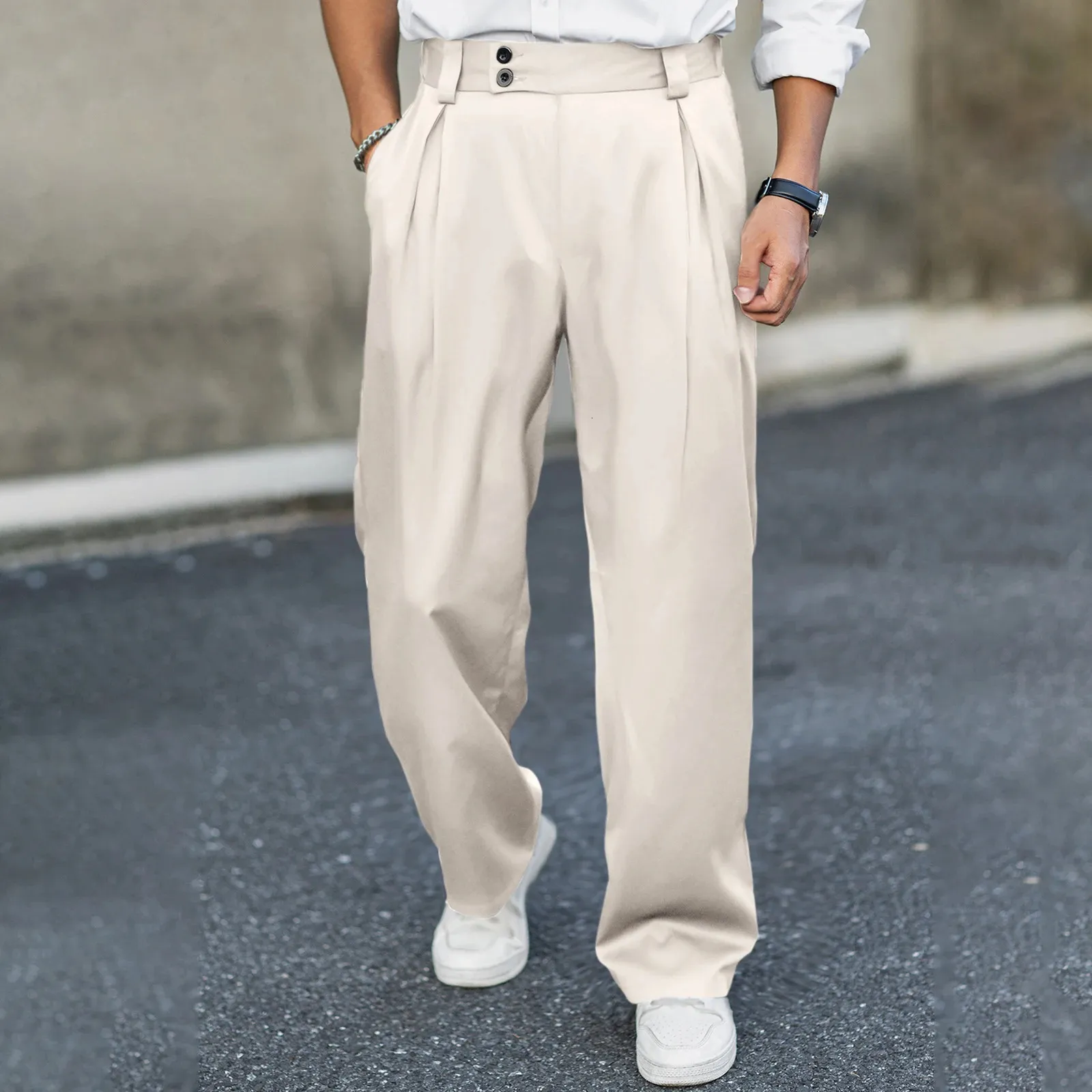 men's pleated front dress pants Bxingohai Men's Classic Fit Pleated Front Loose Fit Dress Pant Casual Pants Khaki,M