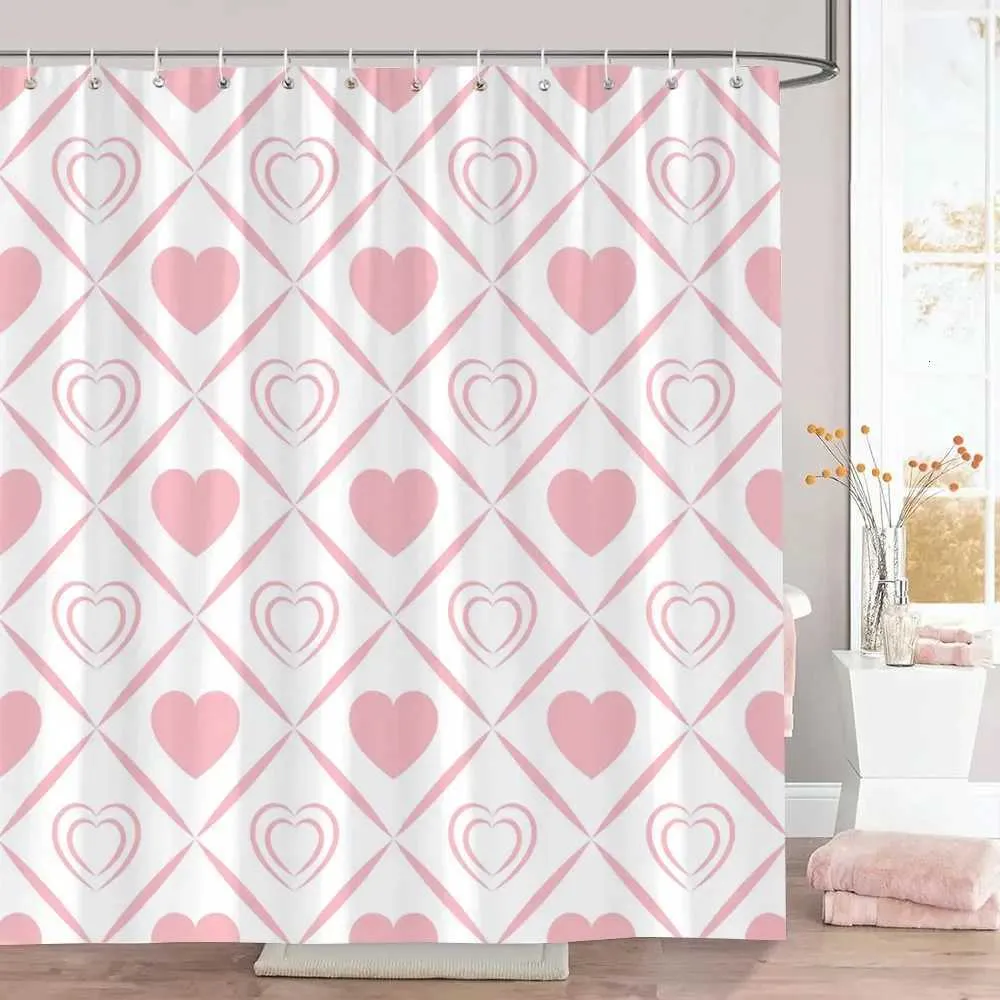Pink Heart Shower Curtain Geometric Lines Polyester Fabric Bathroom ...