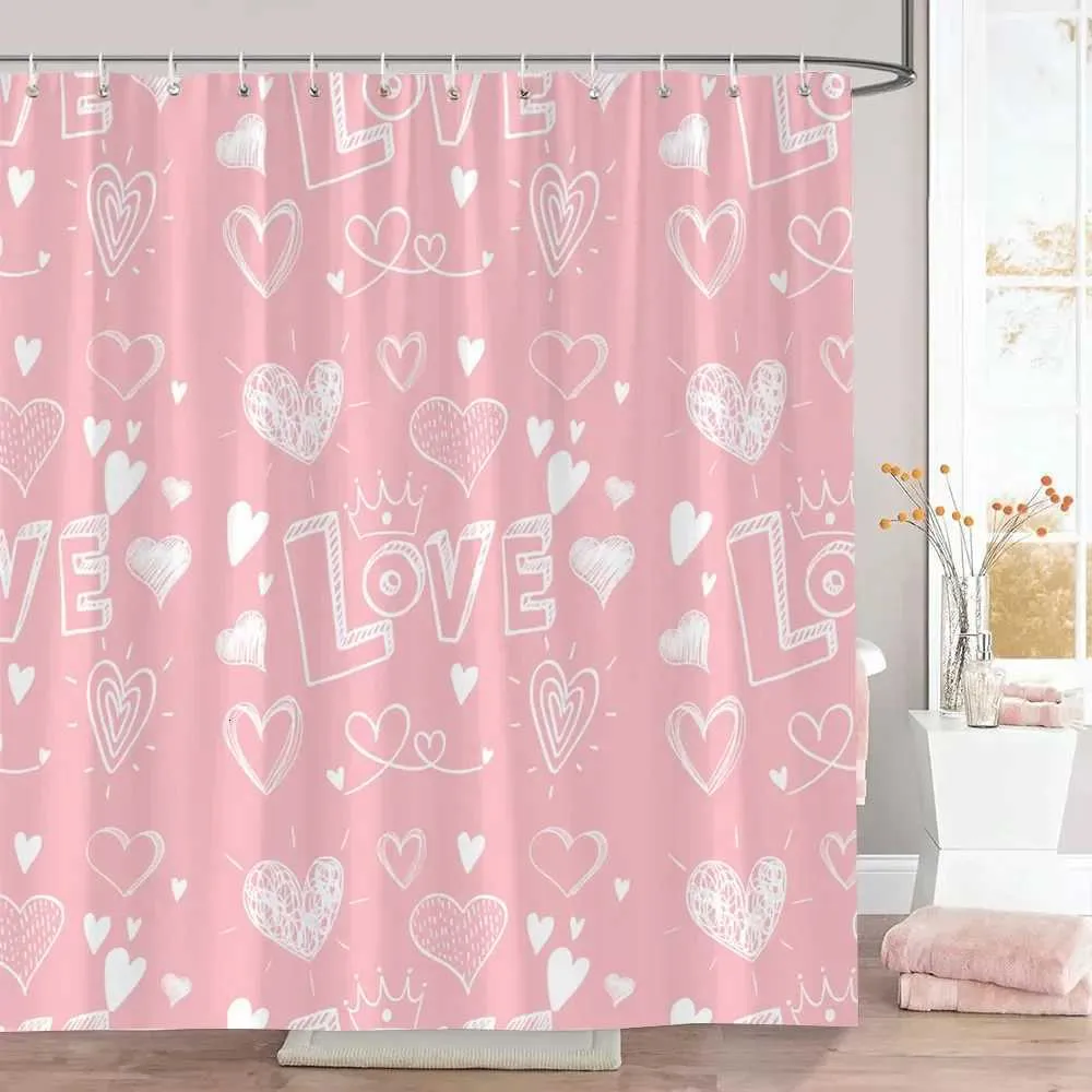 Pink Heart Shower Curtain Geometric Lines Polyester Fabric Bathroom ...