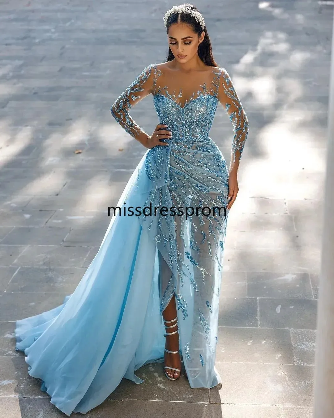 blue prom dresses 2026 Royal Blue Beaded Lace Prom Dresses with Slit Off the Shoulder Formal –  Viniodress main image 0