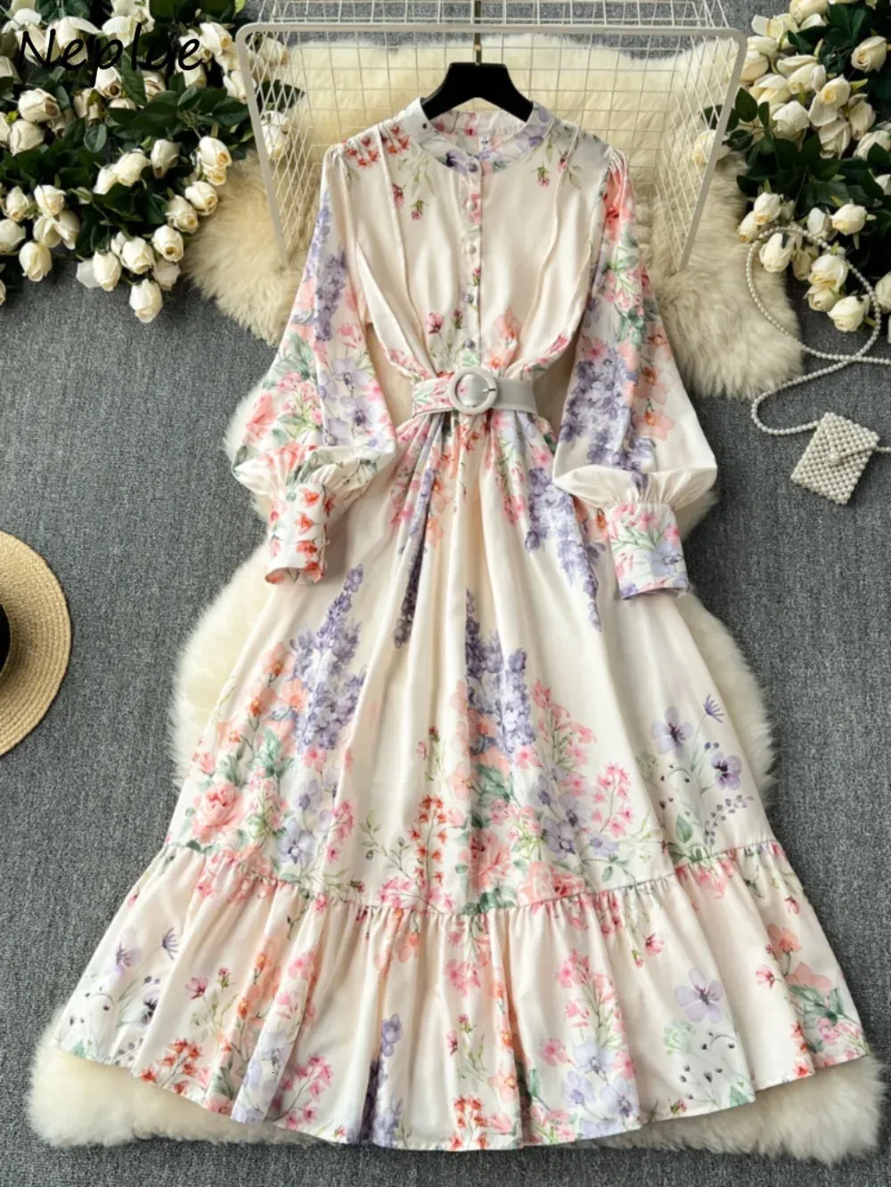 Neploe Lantern Collar Dress Slim Fit Patchwork... From Weigang01, $38.44 In Bulk