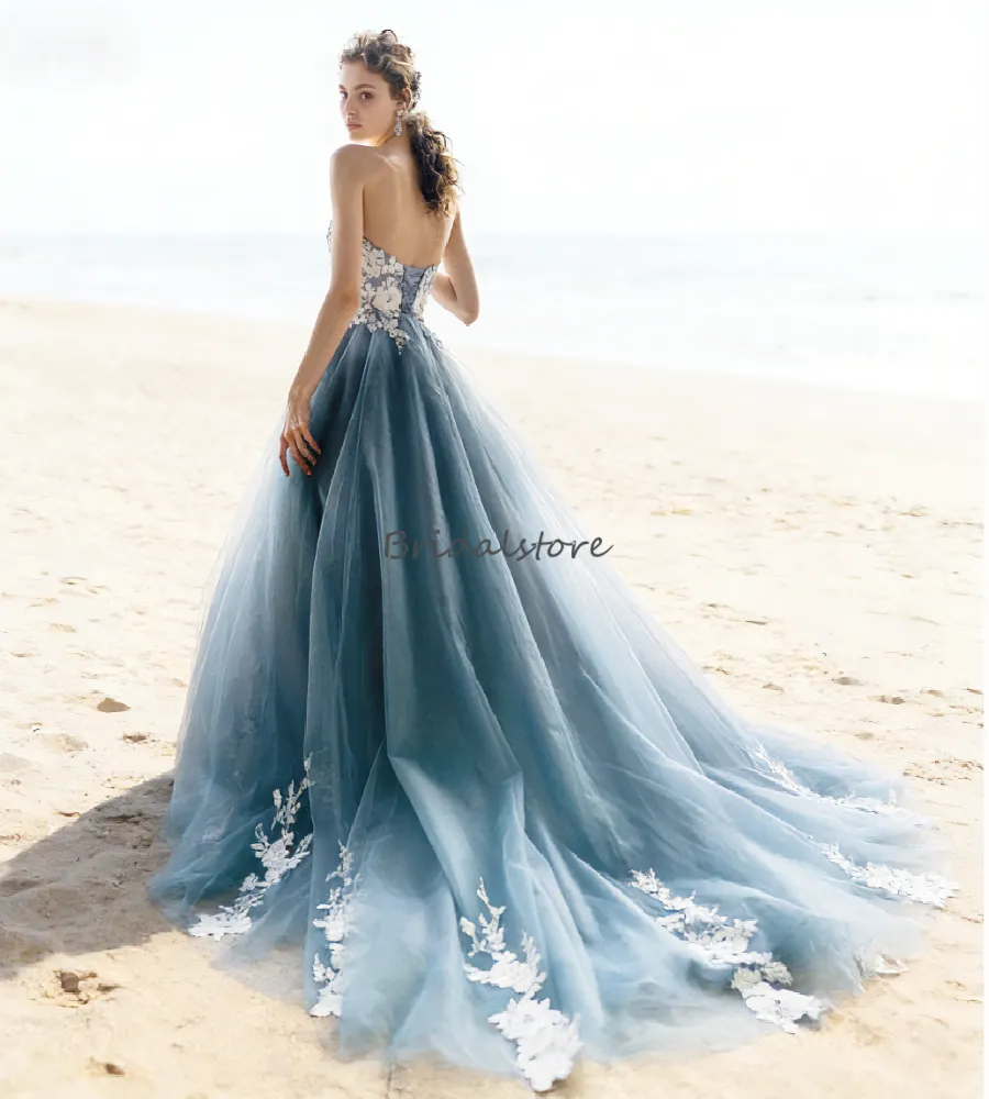 blue civil wedding dress A-Line Square Chapel Train Sleeveless Blue Wedding Dress WD183 US4 / Blue