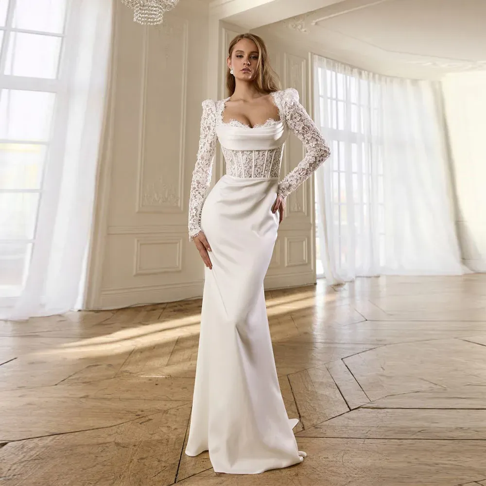 long sleeve corset back wedding dress Long Sheer Sleeves Sparkling Square Neckline Corset Back Sheath Weddin   HAREM's Brides