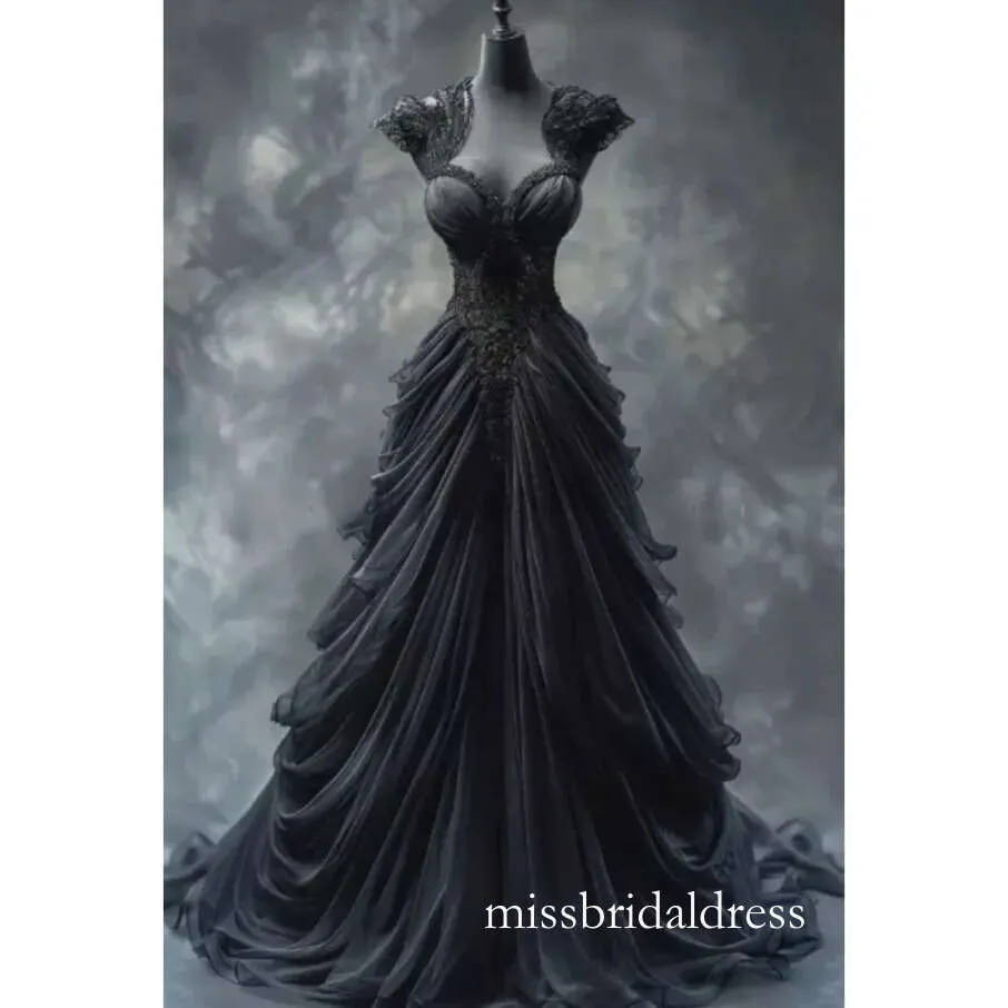 Vintage Gothic Gothic wedding dresses with Draped Black Lace Appliques, Beaded Corset, and Ruched Details - A-Line Vintage Bridal Gown (2025) Vintage Gothic Gothic wedding dresses with Draped Black Lace Appliques, Beaded Corset, and Ruched Details - A-Line Vintage Bridal Gown (2025)