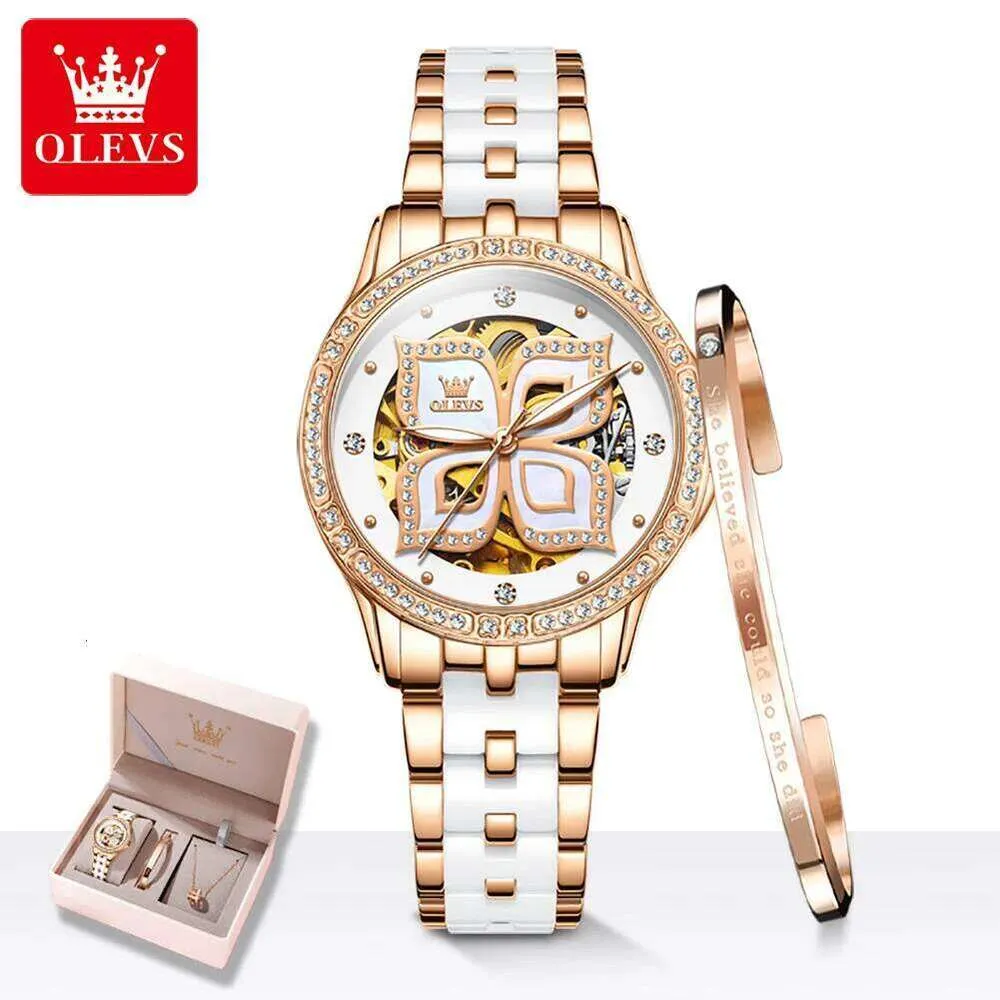 Olevs Women\'s White Dial Skeleton Diamond Gold Automatic Elegant Luxury Watch OLEVS 6699 Automatic Watches for Womens Mechanical Diamond  main image 4
