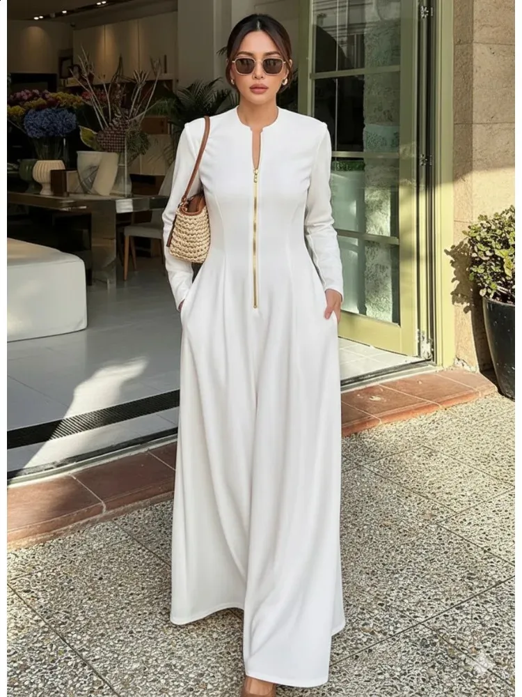 Womens Solid White Stand Collar Zip Front Waisted Long Sleeve Maxi Dress  2026 Spring Fashion Elegant Office Work Dresses 260313