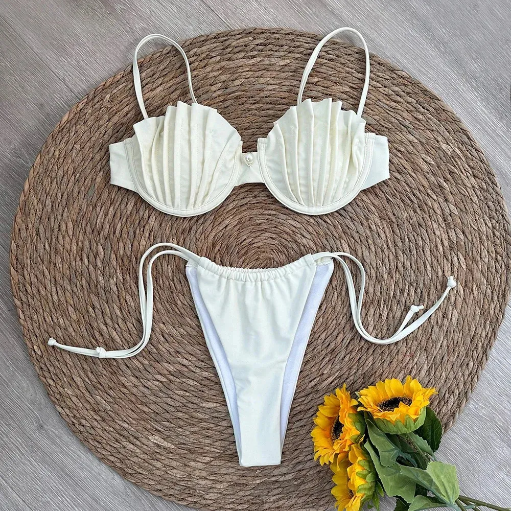2025 Women's Sexy Shell Micro White Ribbed Bikini Set Brazilian Style ...