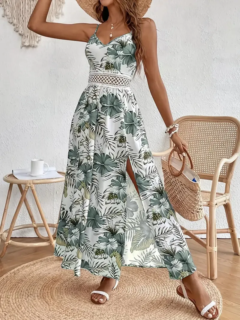 Polyester Spaghetti Strap Maxi Dress with High Slit and Floral Print for  Women Summer Floor-Length A-Line Dress from Dhgate Basic & Casual Dresses -  price 29.36