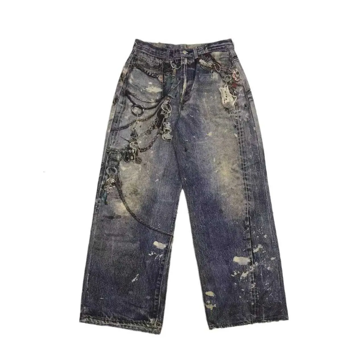 2024 New Mens 3D Chain Printed Baggy Jeans Autumn Casual Baggy Straight Denim Pants Women High Street Blue Wide-leg Y2K JeanT260316